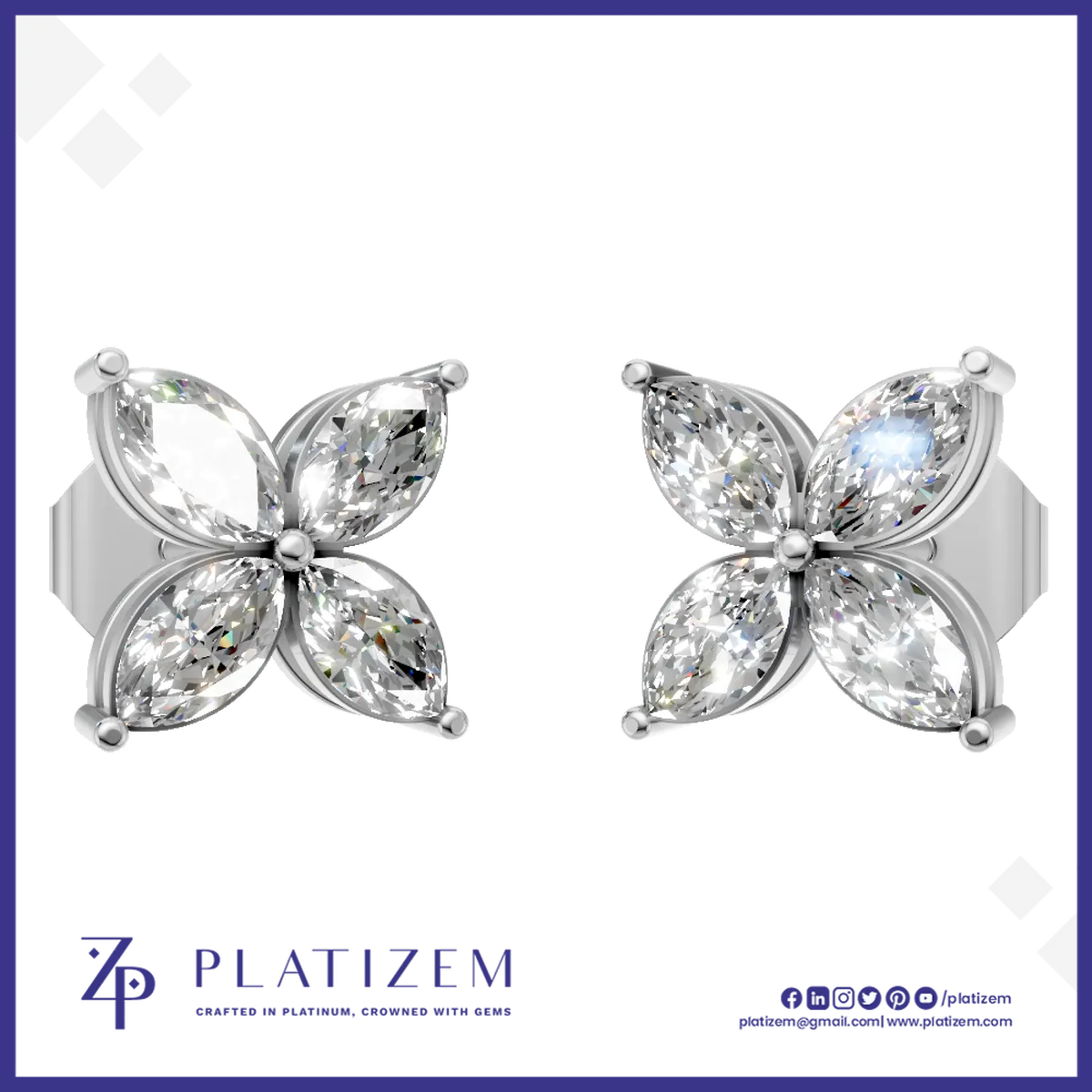 Marquise Cut Lab Created Diamond Stud Earrings in Gold, Silver and Platinum