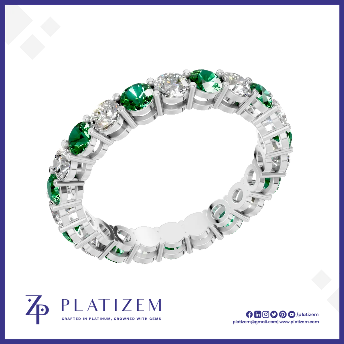 Platinum Emerald and Diamond Eternity Band Ring Wedding Anniversary Jewelry