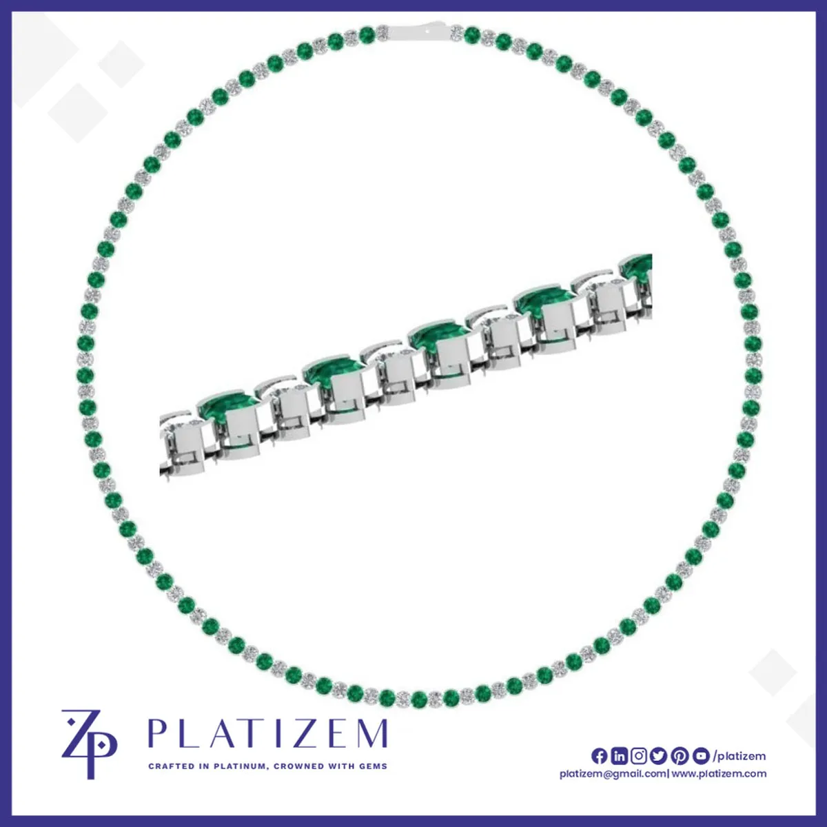 Platinum 2.5 Carat Alternating Size Diamond and Emerald Tennis Necklace for Women