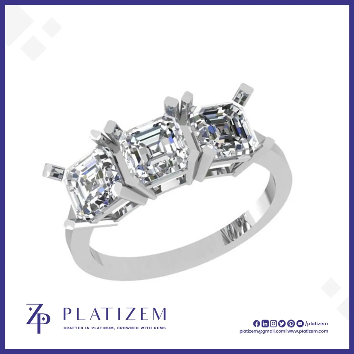 Three Equal Emerald Cut Diamonds Set Together on a Tapered Band