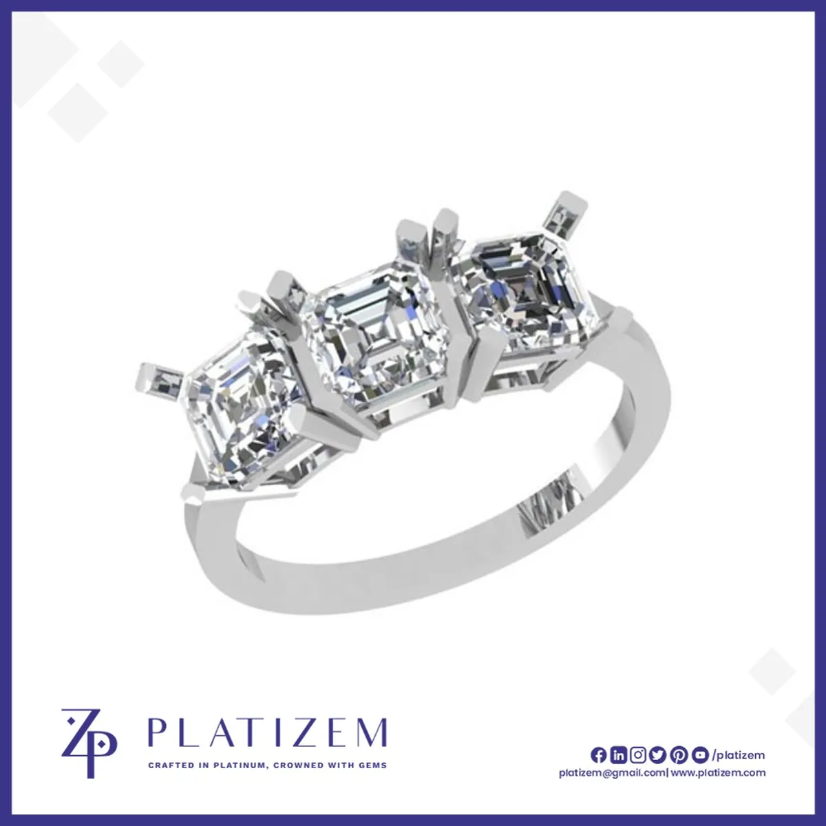 Trio of Emerald Cut Diamonds Arranged in a Matching Three Stone Ring