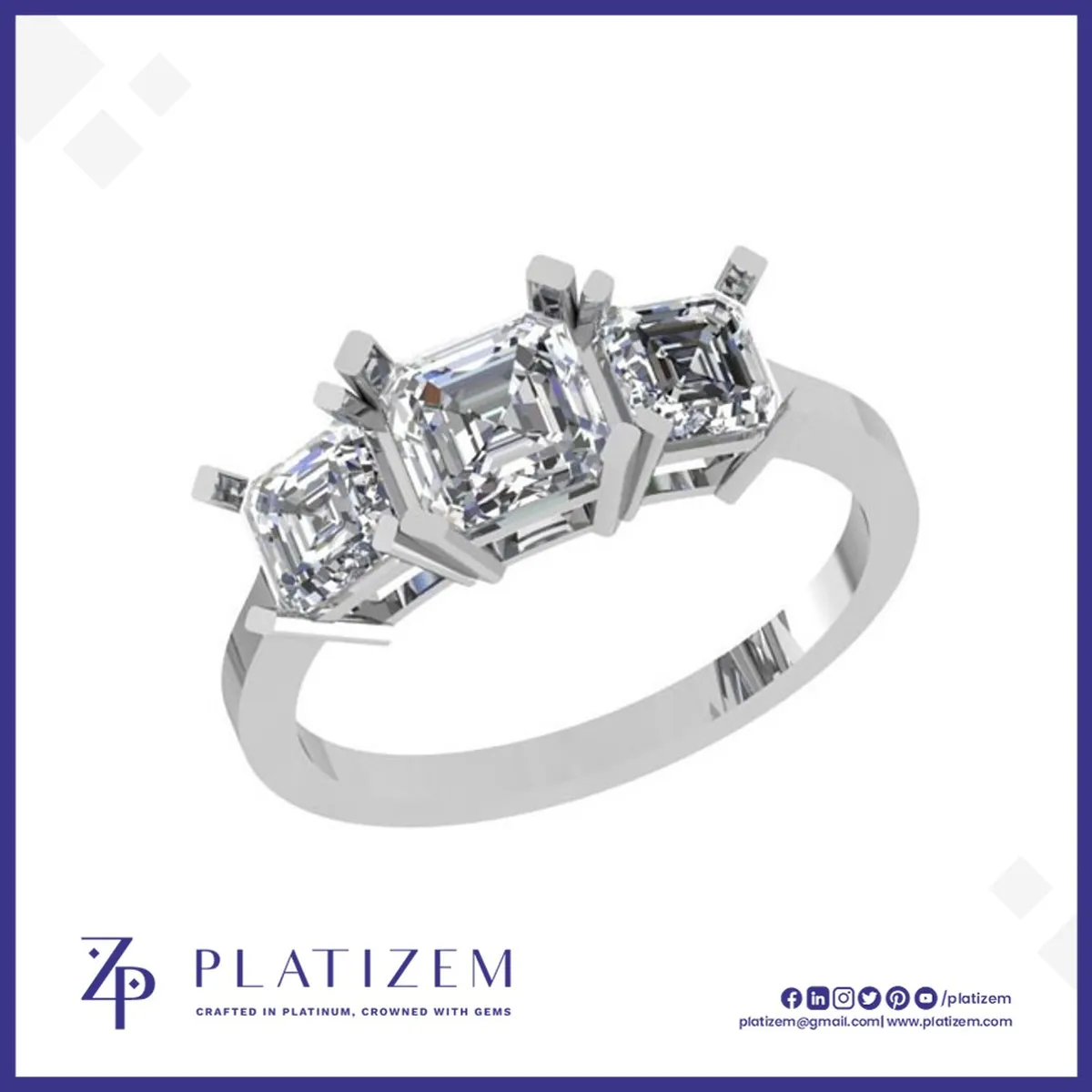 Three Stone Emerald Cut Diamond Ring with a Graduated Center Stone Design