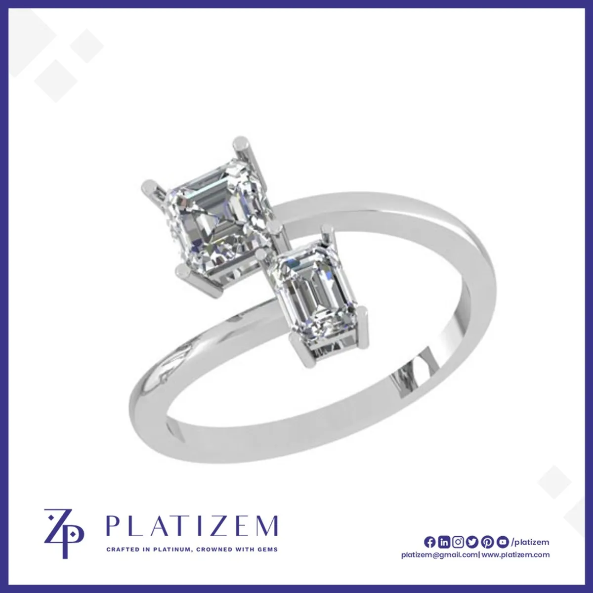 Two Stone Emerald Cut Diamond Ring Set on a Curved Split Shank Band