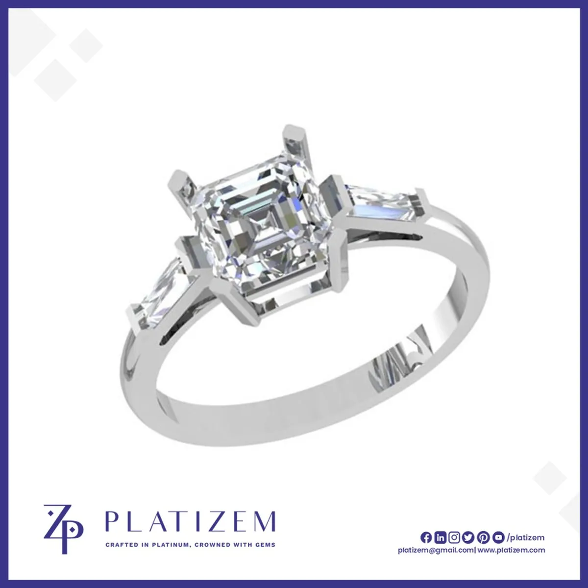 Asscher Cut Three Stone Engagement Ring with Tapered Baguettes for Women