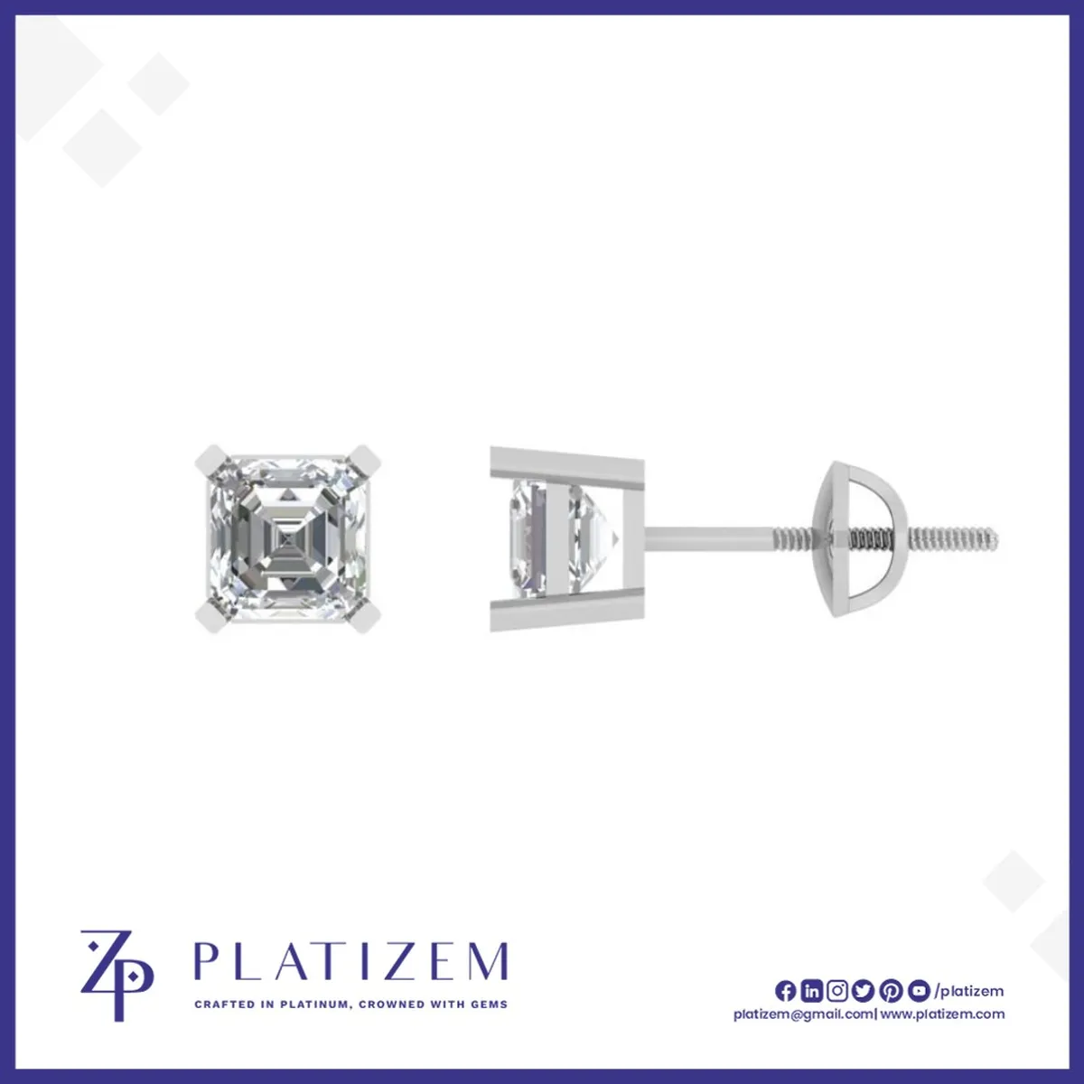Classic Asscher Cut Diamond Studs Fastened by a Threaded Screw Back Post