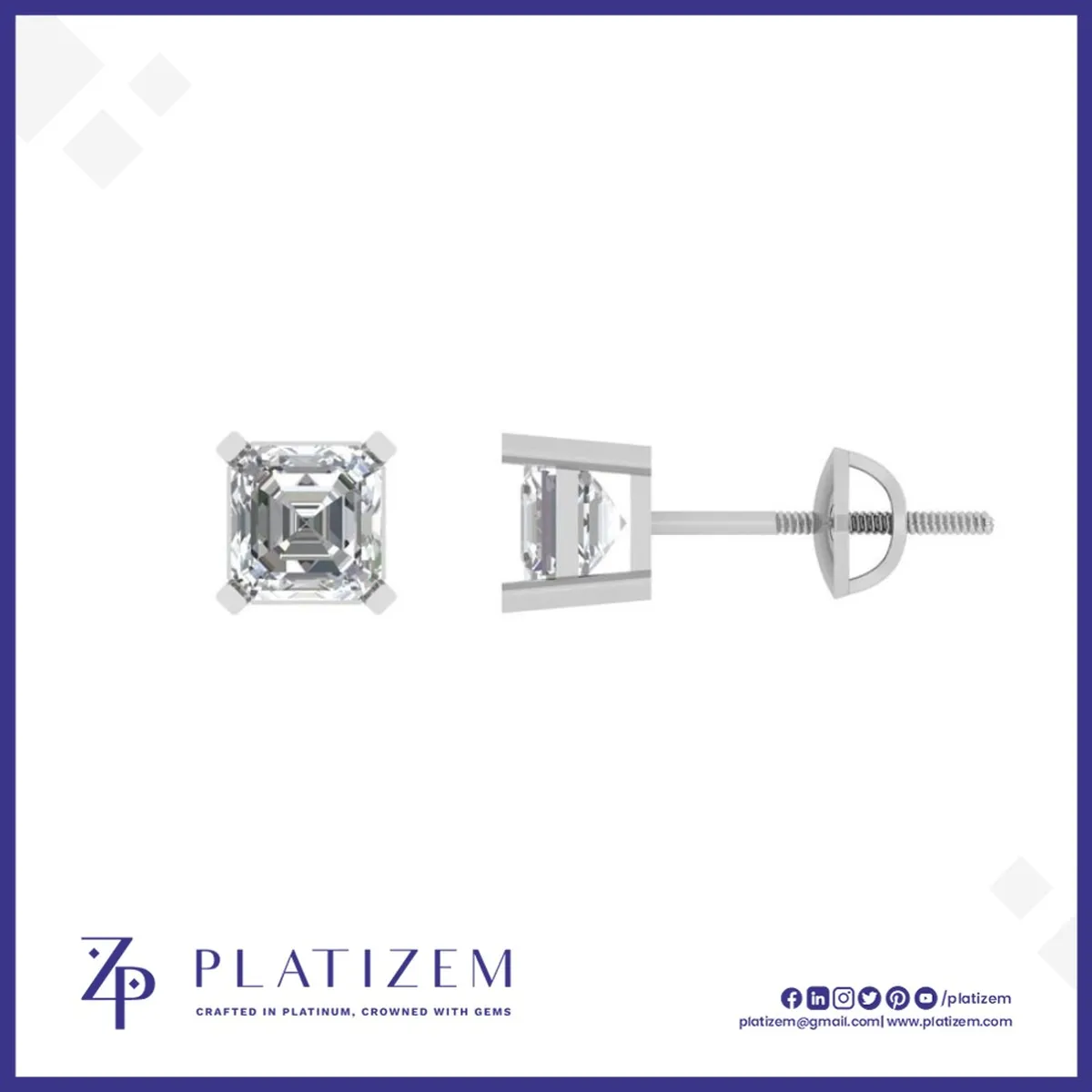 Square Asscher Cut Diamond Studs Mounted on a Secure Screw Back Fitting