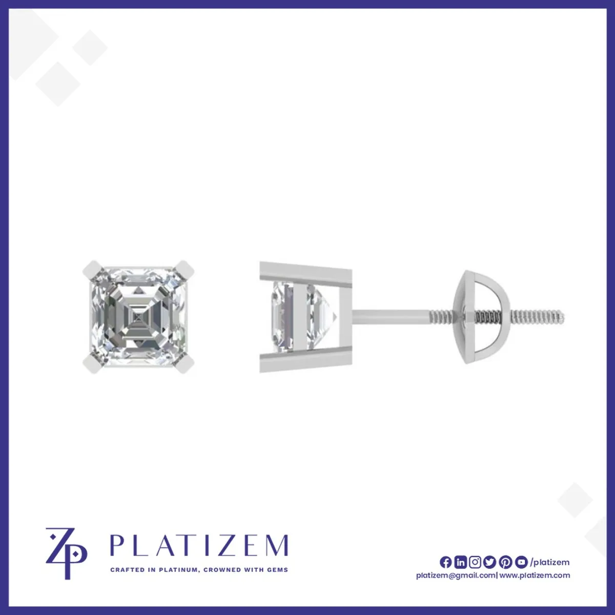 Asscher Cut Diamond Studs Held in a Classic Four Prong Screw Back Mount