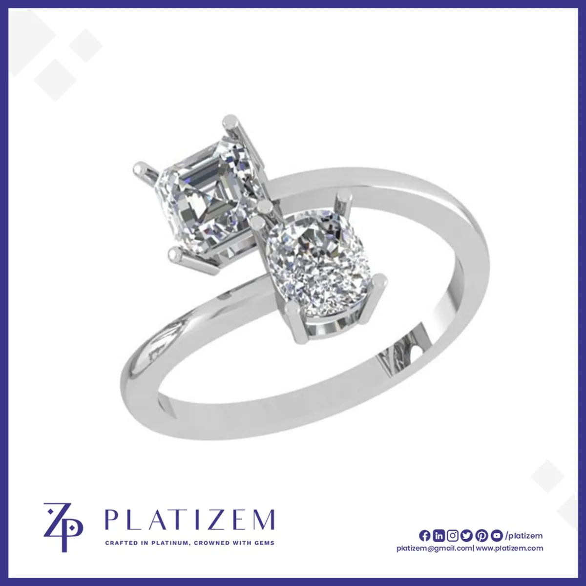 Two Stone Ring Featuring Asscher and Cushion Cut Diamonds on a Split Shank