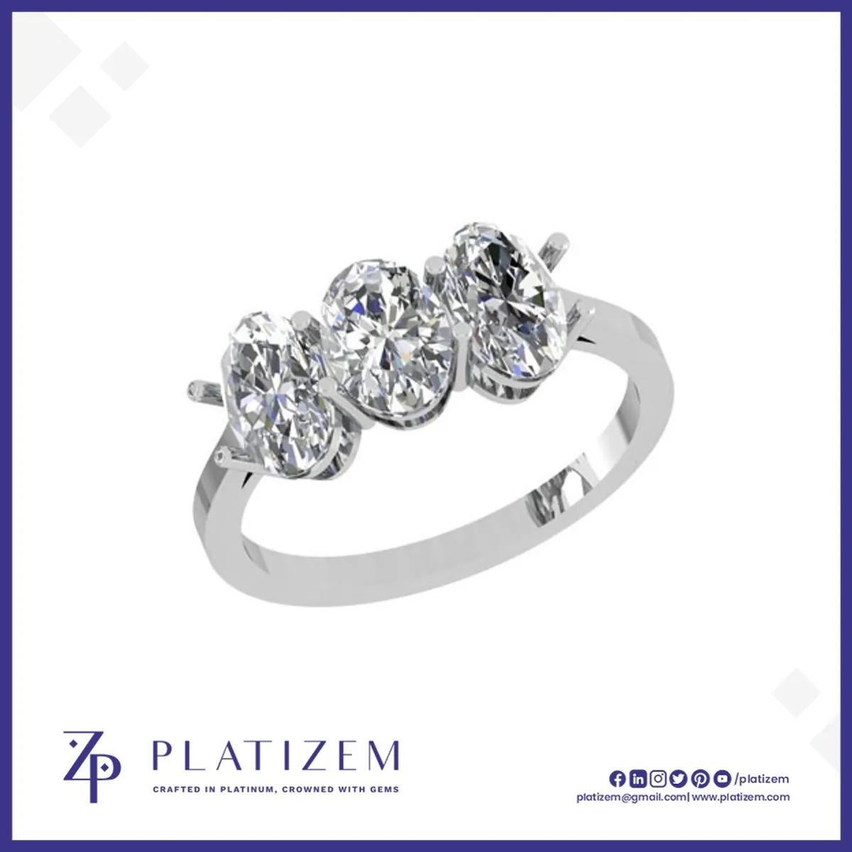 Platinum Pt950 Three Stone Oval Cut Ring for Women