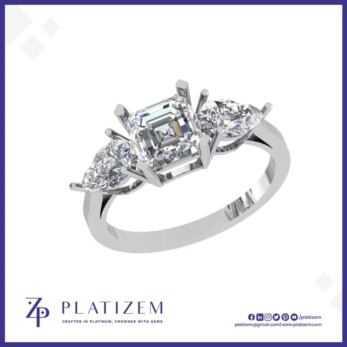 18kt Emerald and Pear Three Stone Diamond Ring