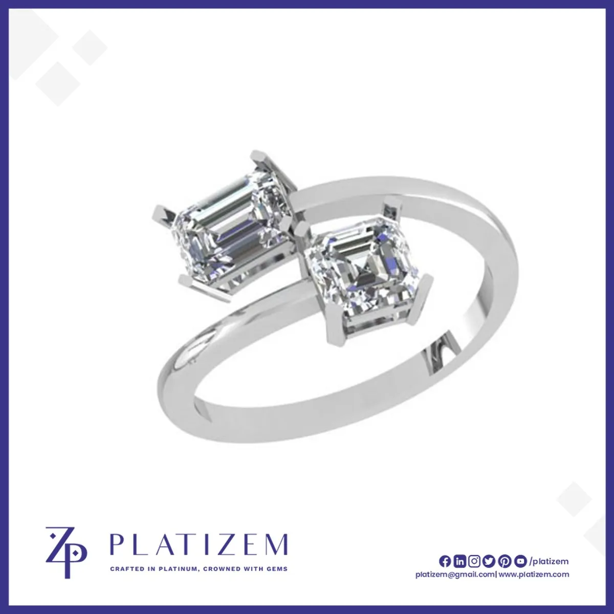 Two Stone Emerald Cut Bypass Ring for Women