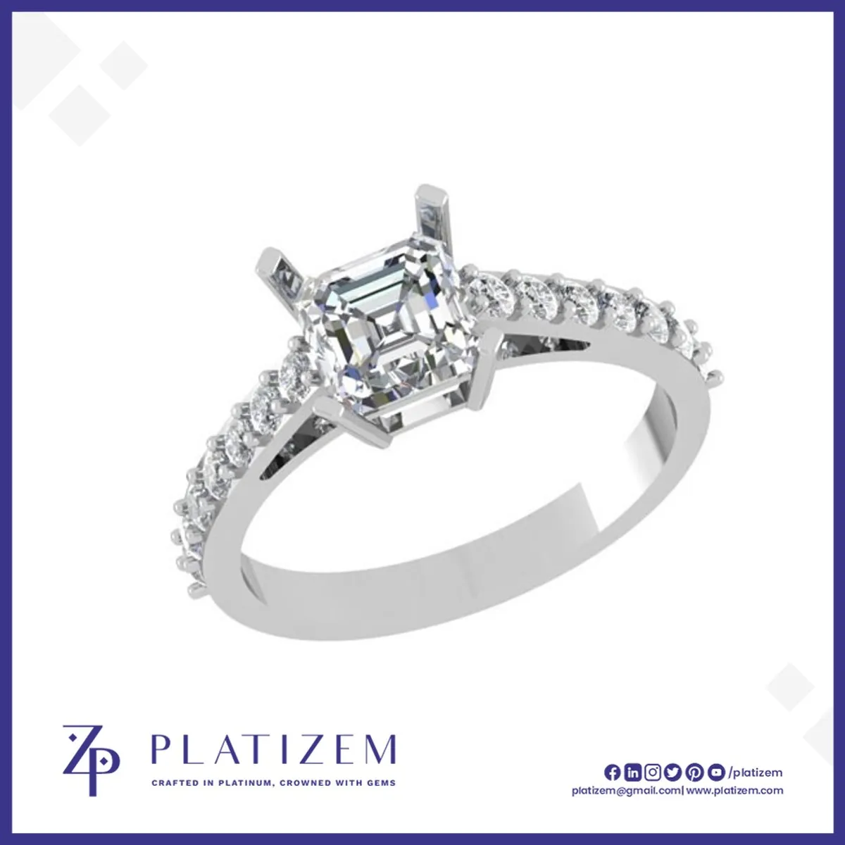 925 Silver Asscher Cut Diamond Ring with Pave Shank