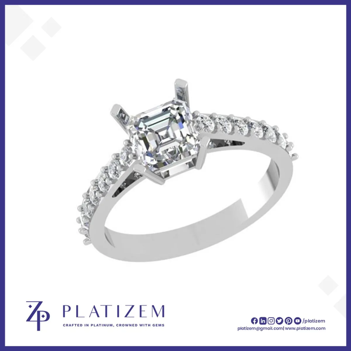 Pt950 Asscher Cut Diamond Ring with Pave Shank