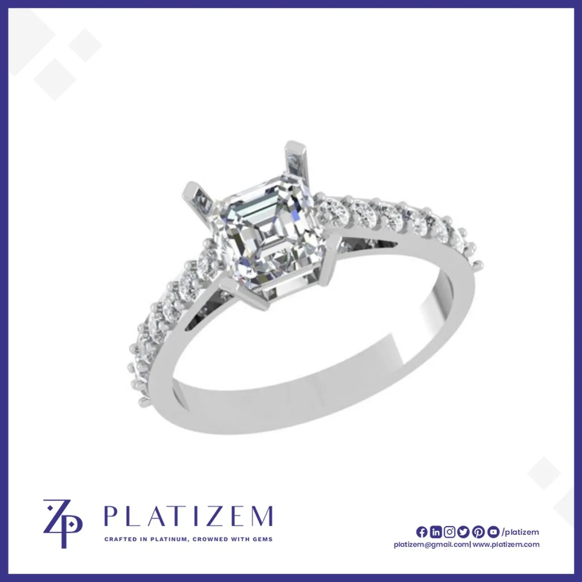 Platinum Asscher Cut Diamond Ring with Pave Shank