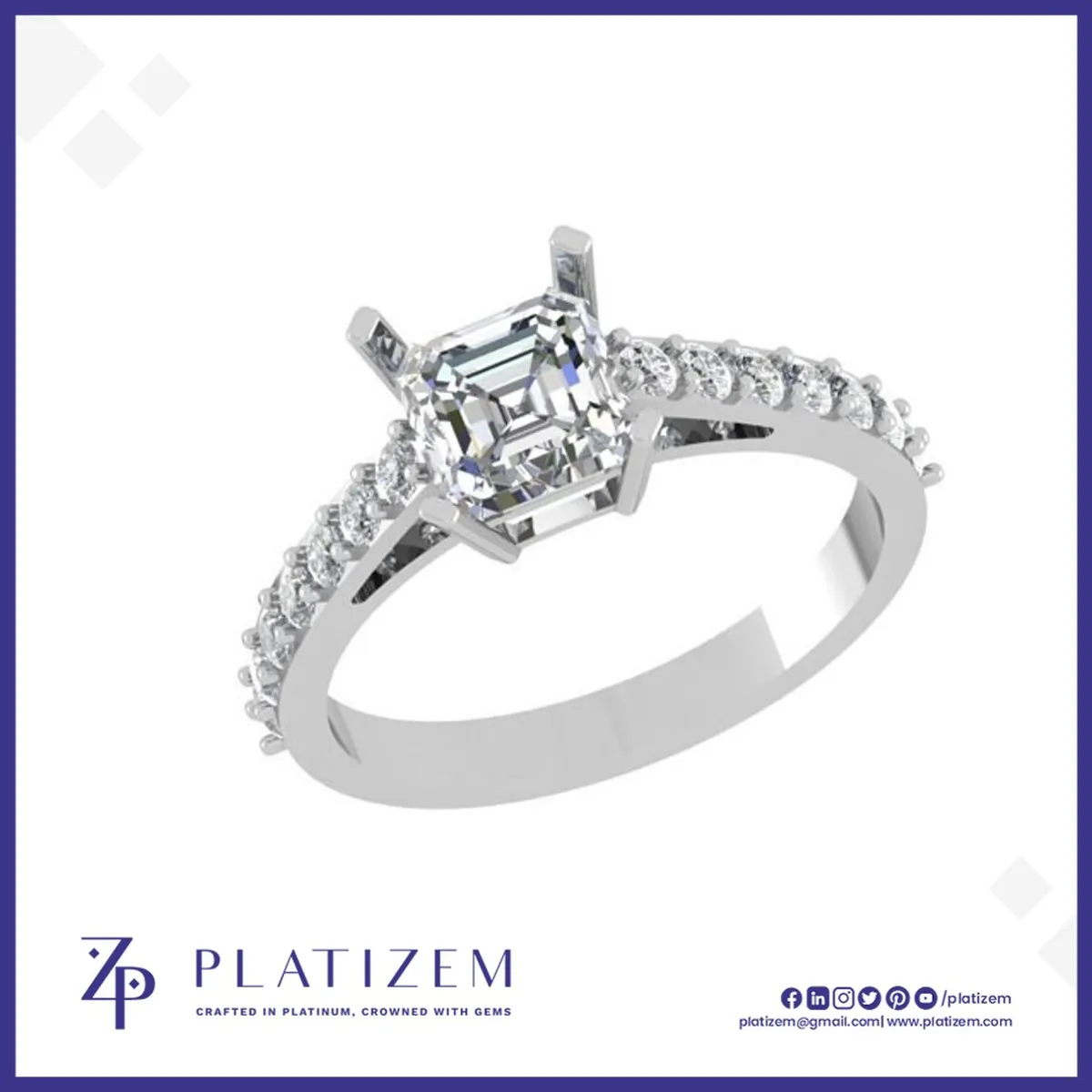 9k Asscher Cut Diamond Ring with Pave Shank