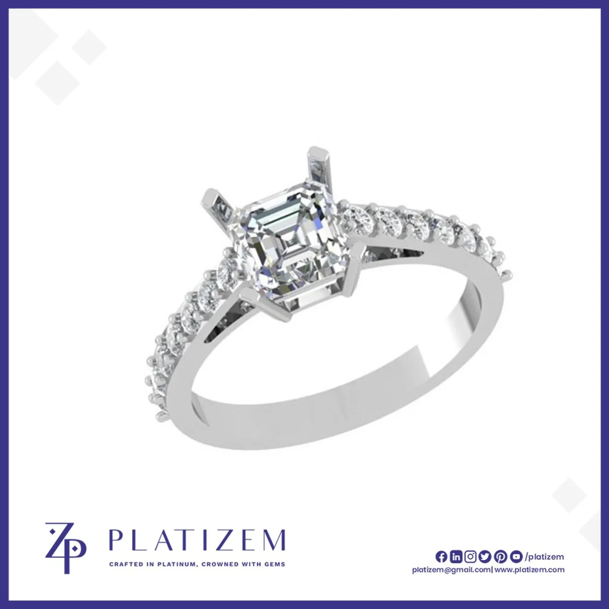 14k Asscher Cut Diamond Ring with Pave Shank