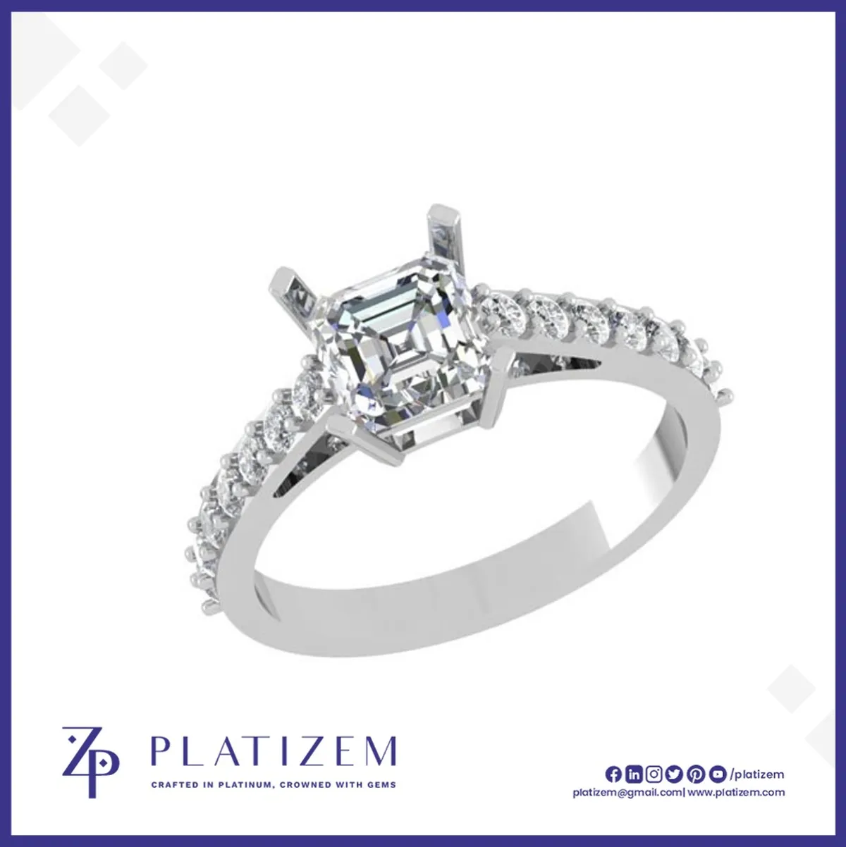 18k Asscher Cut Diamond Ring with Pave Shank
