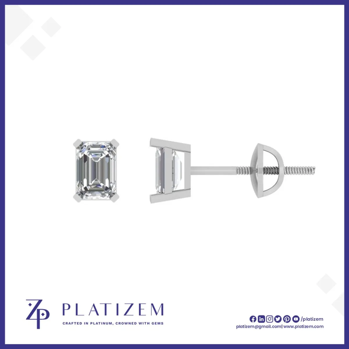 Emerald Cut Diamond Stud Earrings with Screw Back Prong Setting