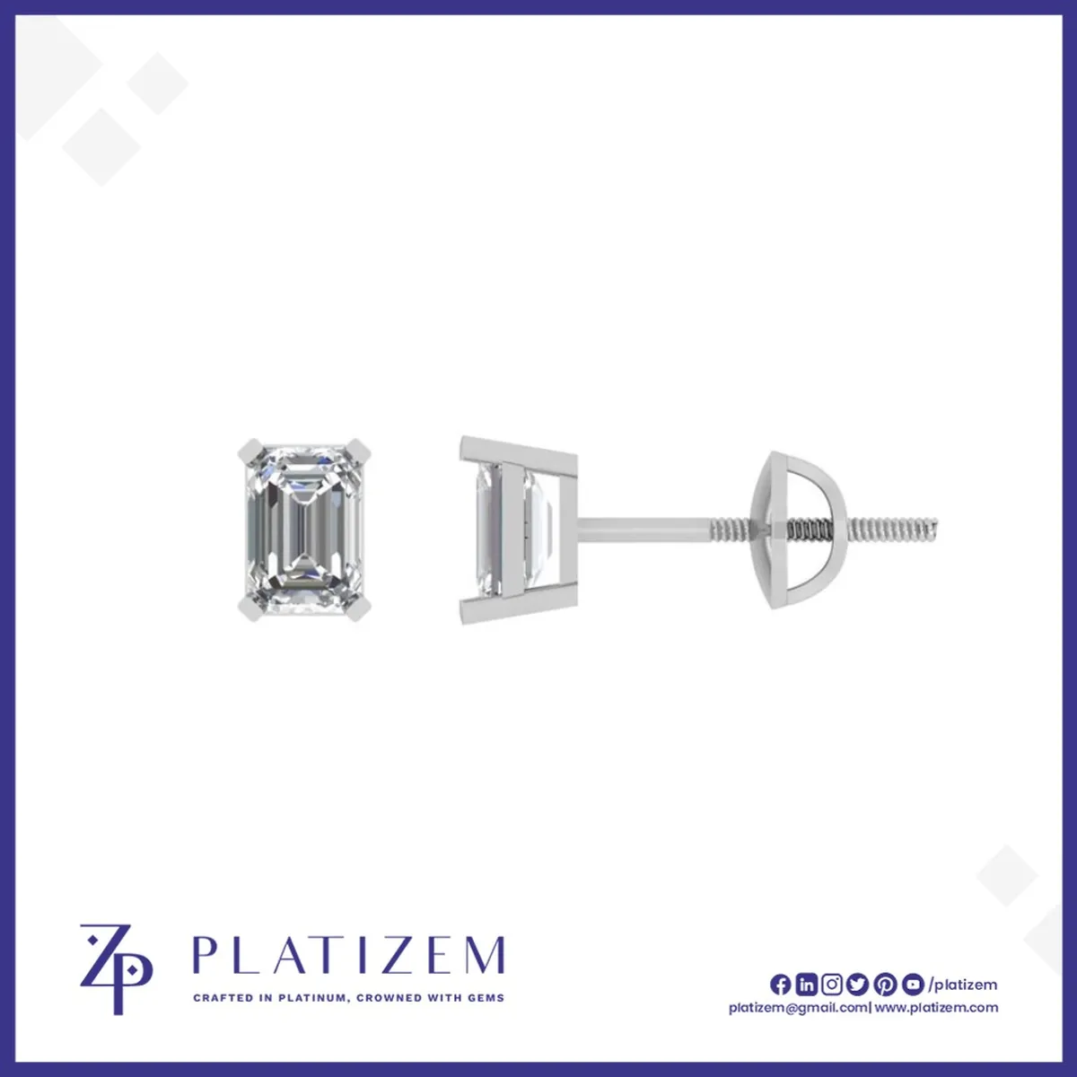 Emerald Cut Diamond Prong Set Stud Earrings with Secure Screw Back Fastening