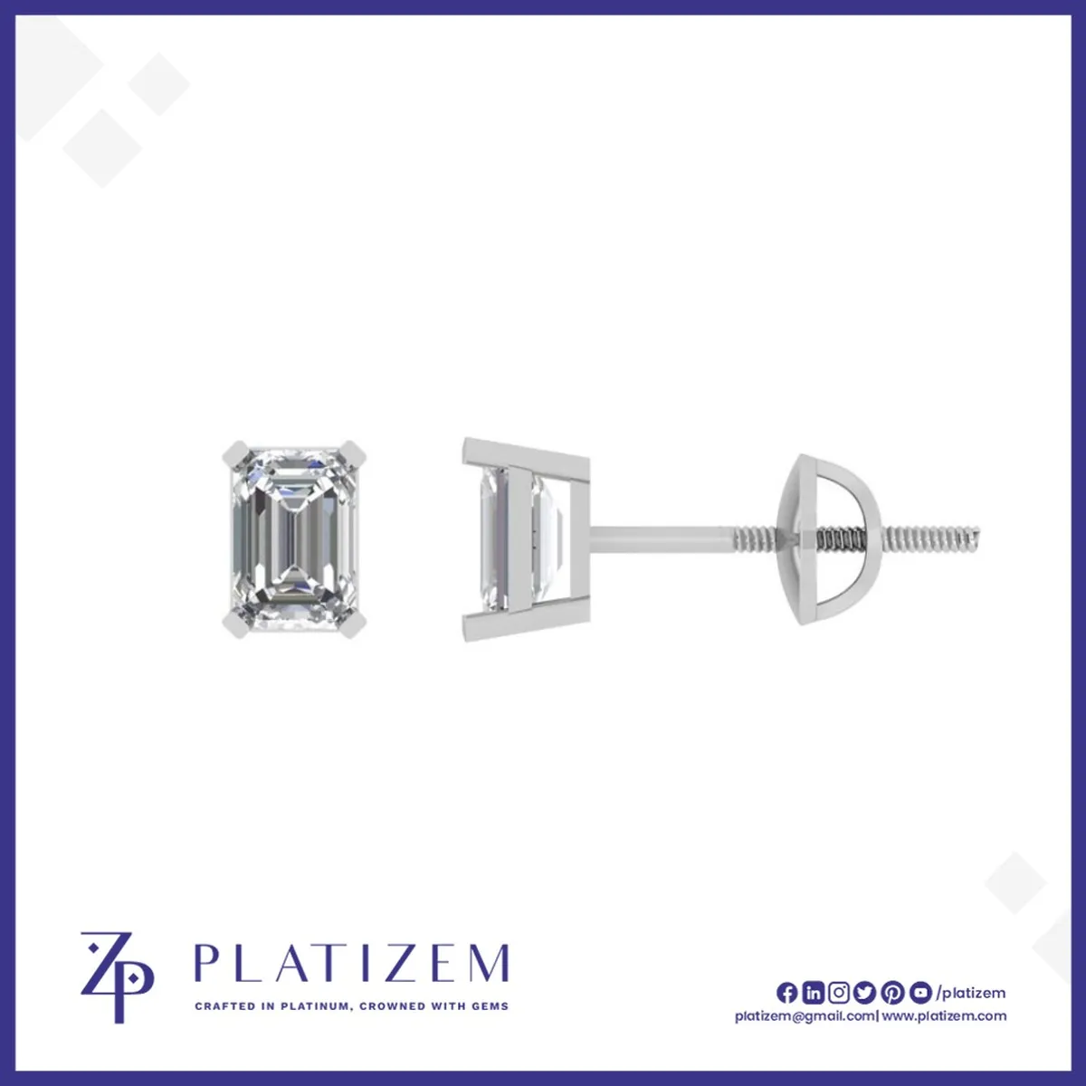 Four Prong Set Emerald Cut Diamond Studs Finished with a Screw Back Closure