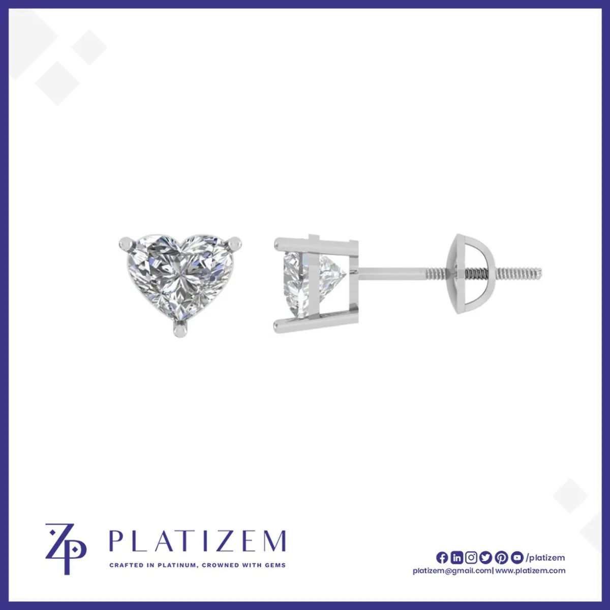 Heart Shape Diamond Studs Held by a 3-Prong Screw Back