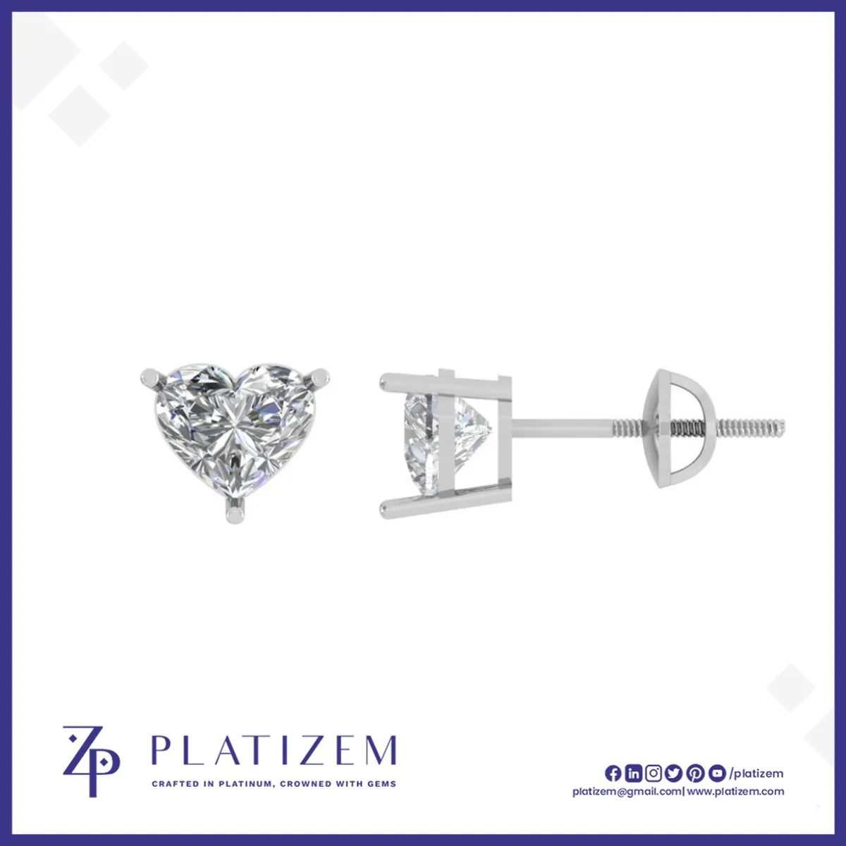 Four Prong Heart Shape Diamond Studs Secured with Threaded Screw Backs