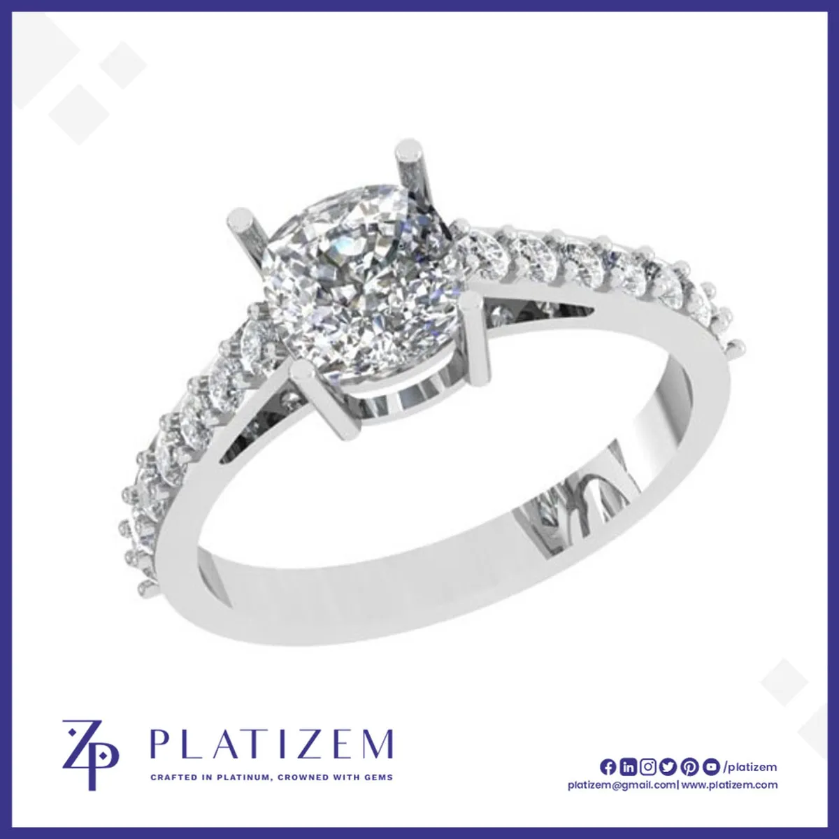 Cushion Cut Solitaire Ring with Pave Diamond Shank