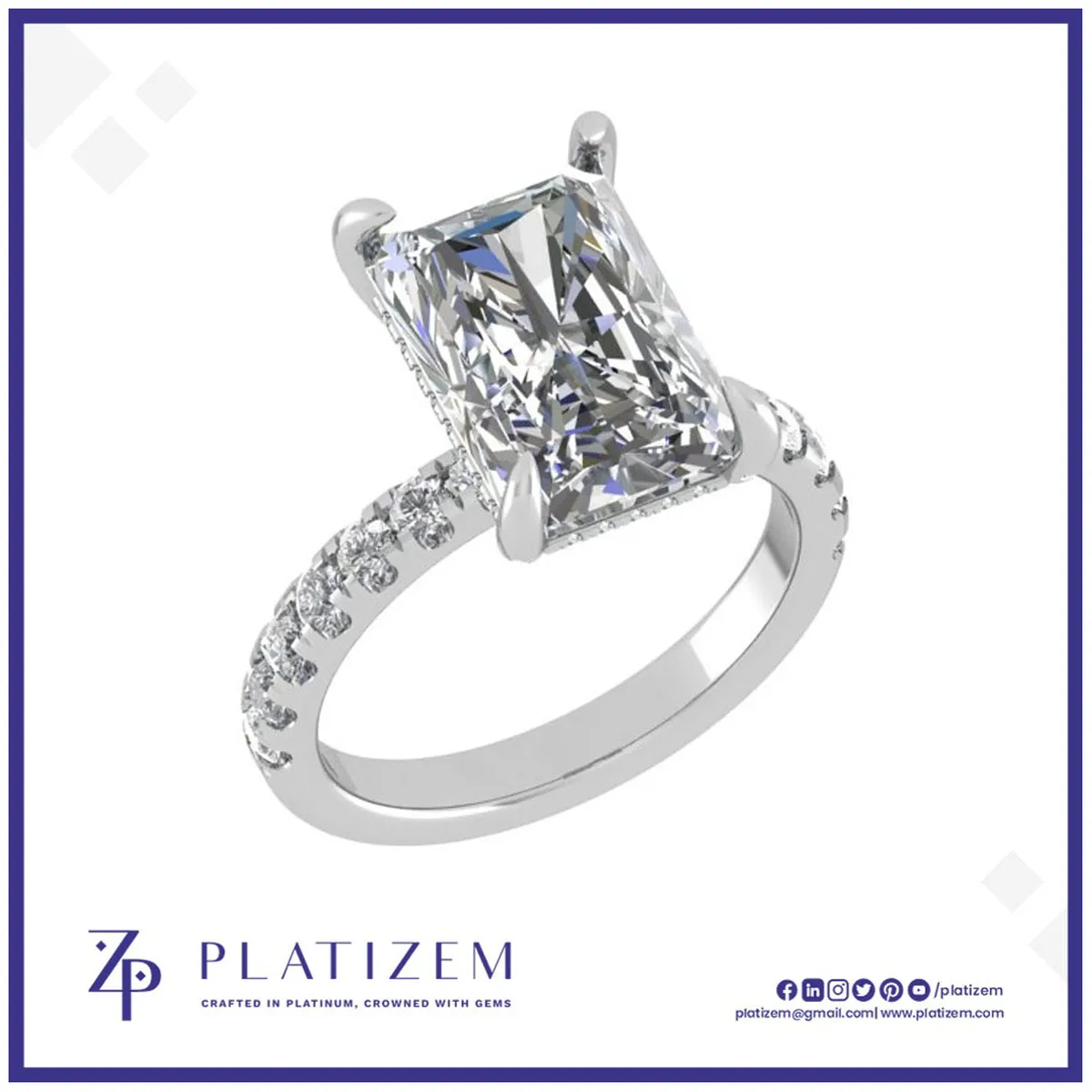 Platinum Radiant Cut Diamond Ring with Pav� Set Band