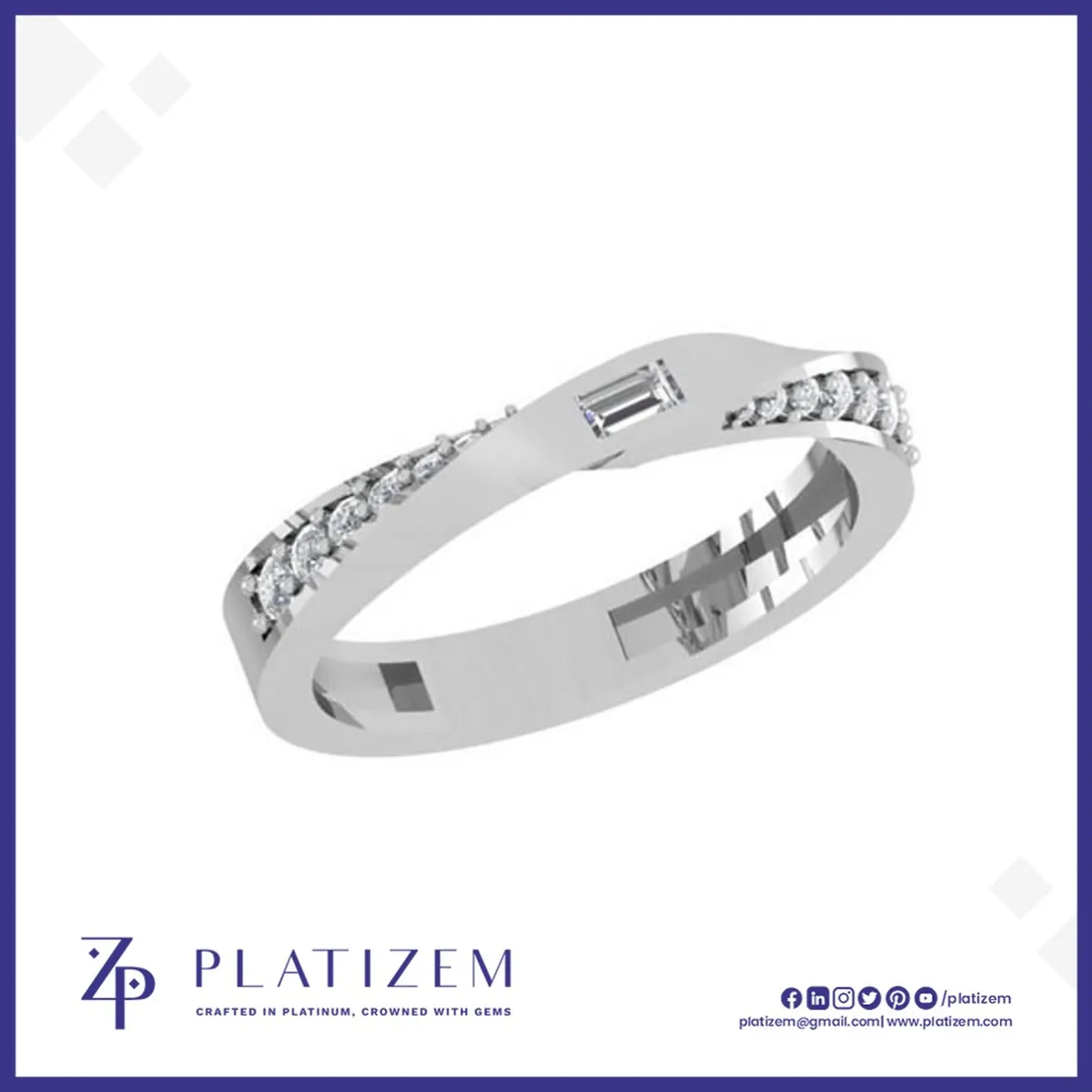 Baguette Diamond Ring Flanked by Graduated Round Diamonds on a Twist Band