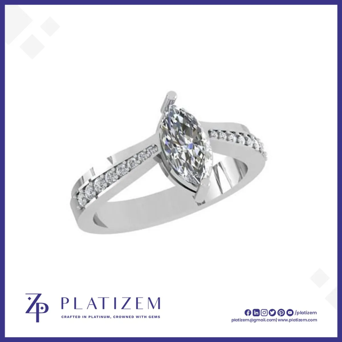 Marquise Diamond Ring on a Split Prong Band Lined with Round Diamonds
