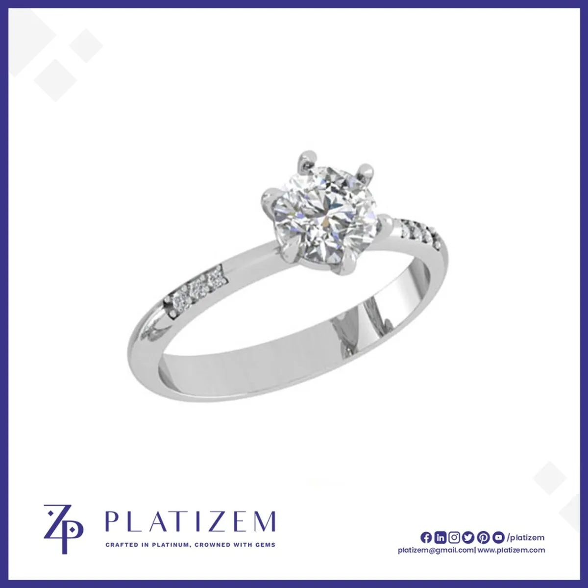 Round Diamond Solitaire Ring on a Band Set with Round Diamond Accents