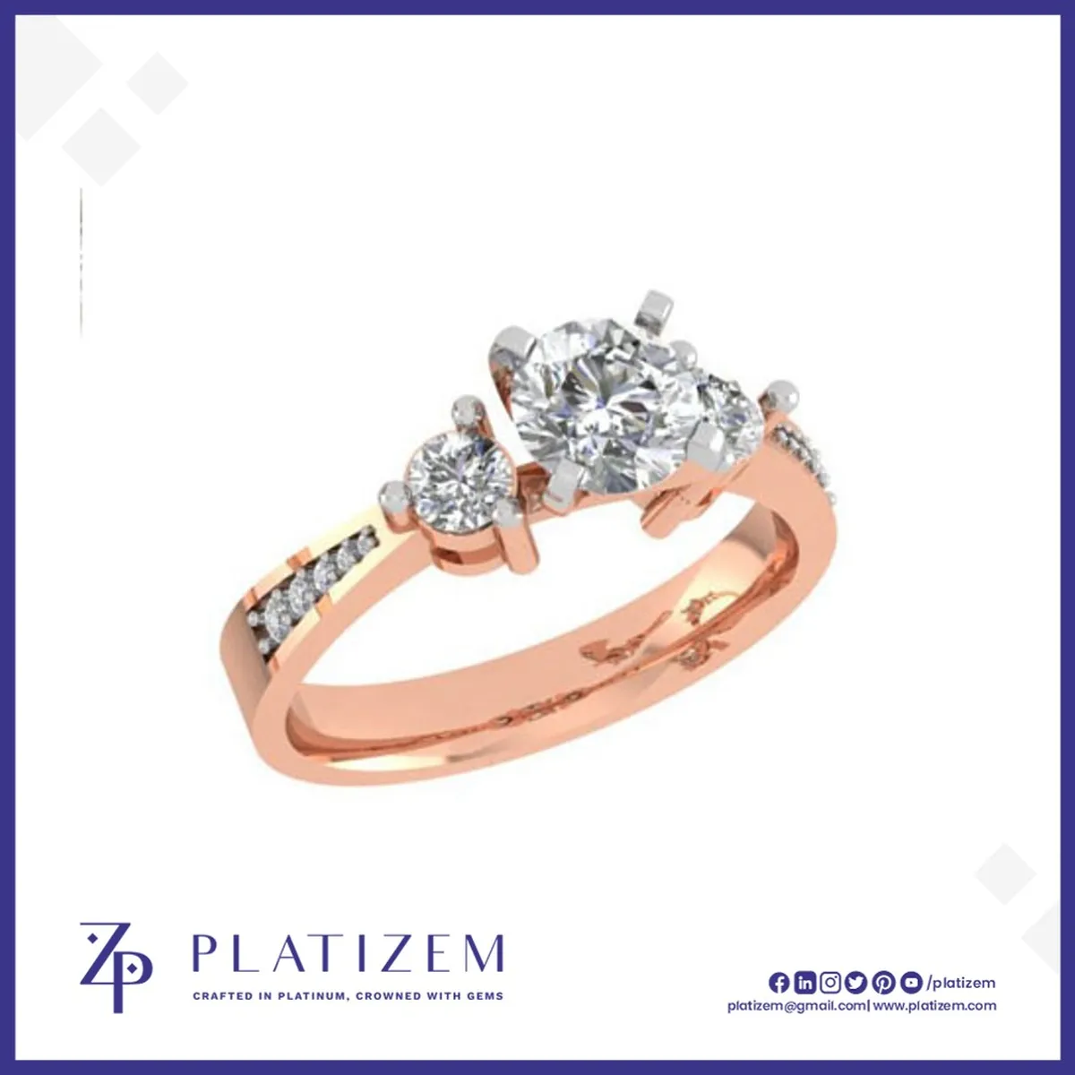 Round Diamond Three Stone Ring with a Graduated Pave Set Diamond Band