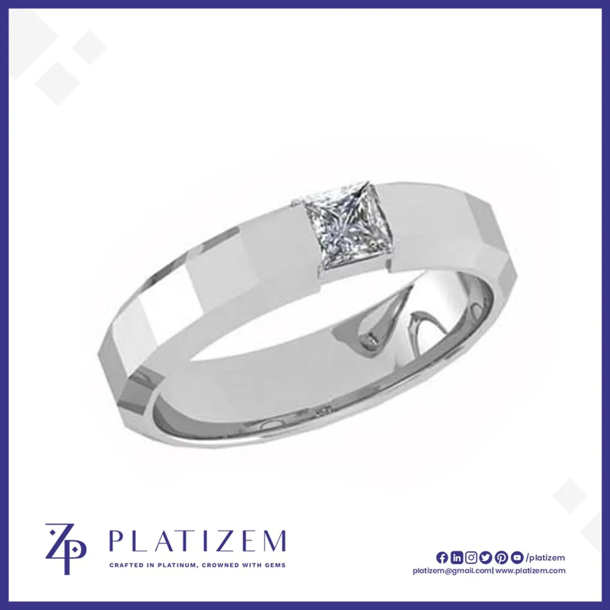 Princess Cut Diamond Ring Anchored on a Faceted Geometric Band