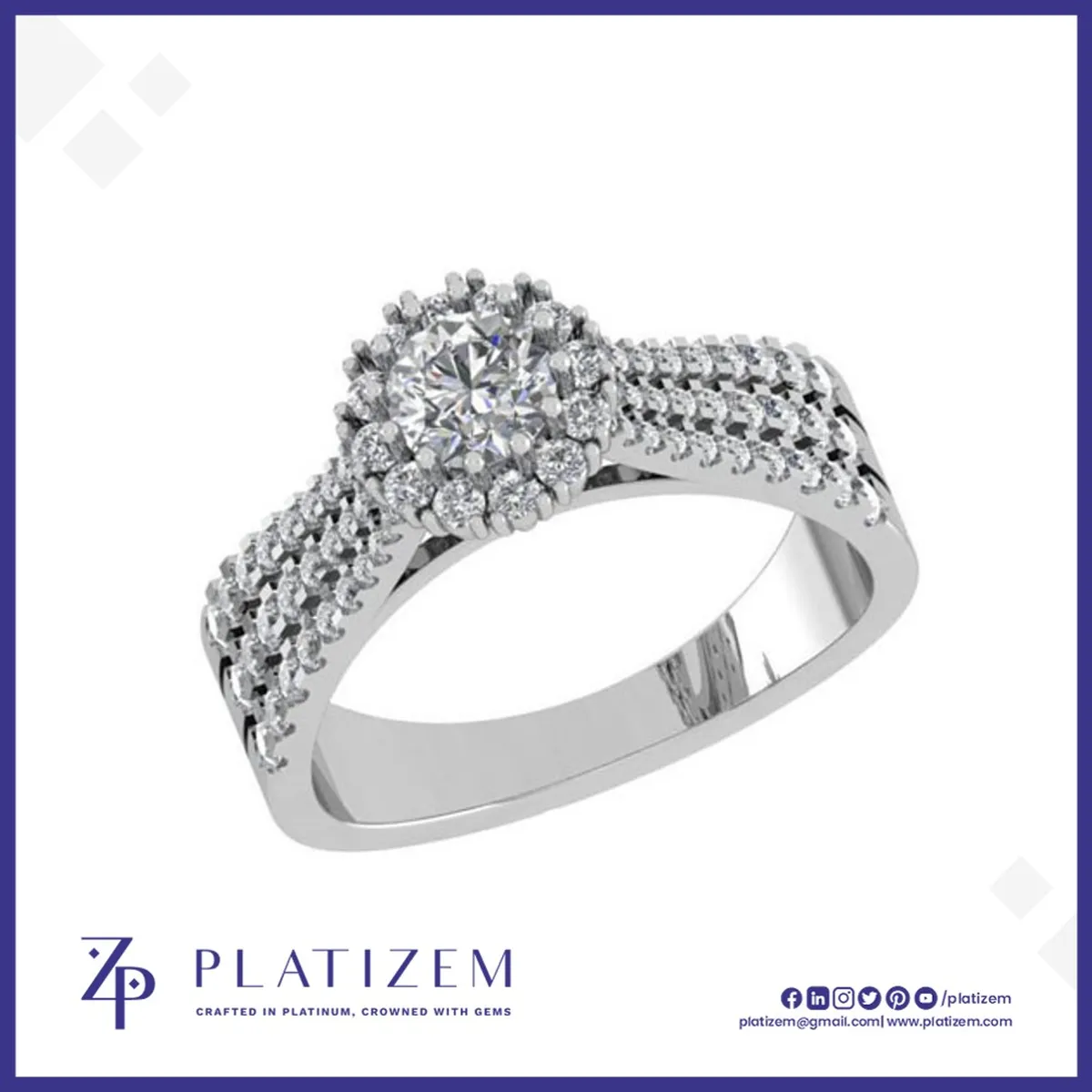 Round Halo Diamond Ring with Triple Row Shoulders for Women