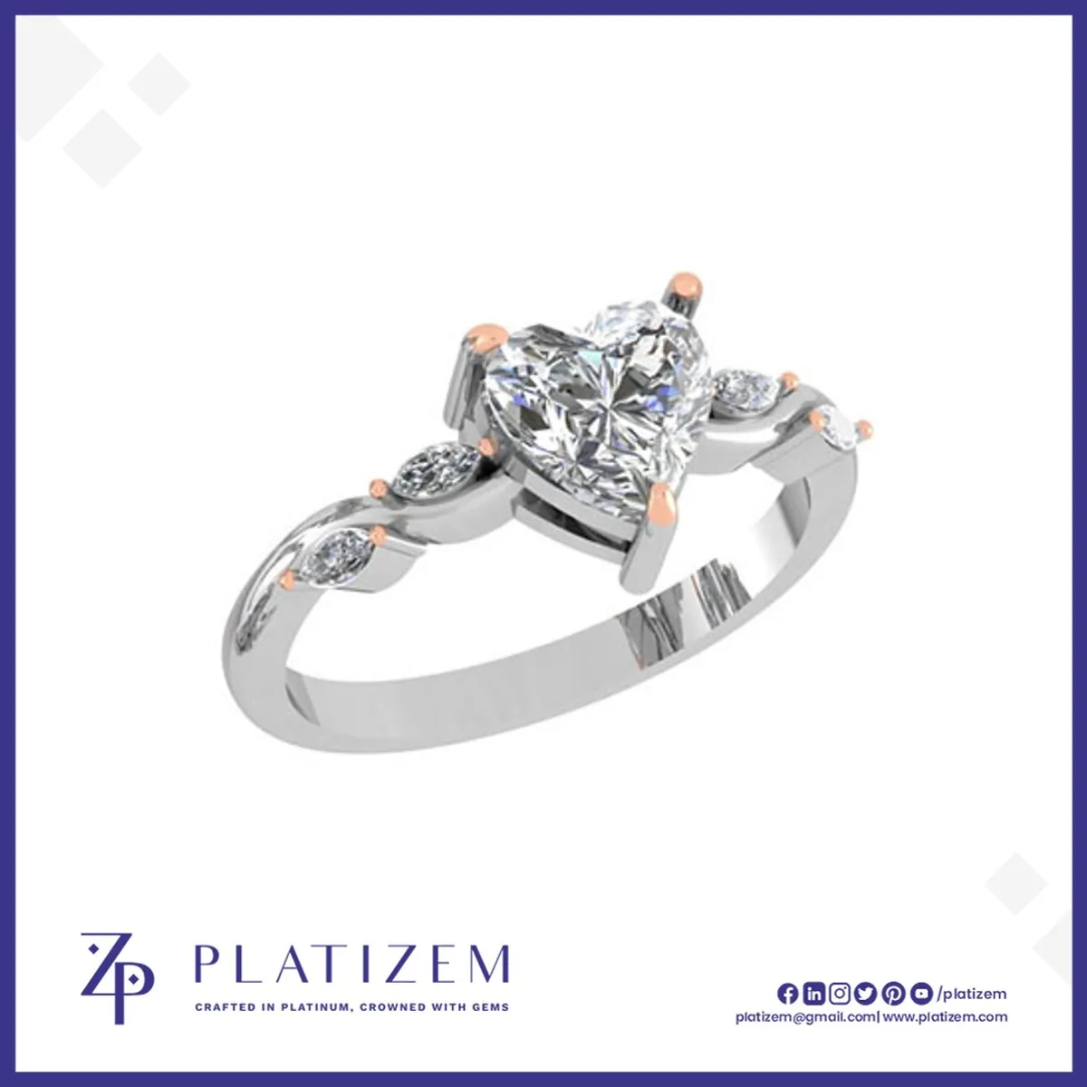 Heart Cut Diamond Ring with Marquise Diamonds on a Curved Twist Band