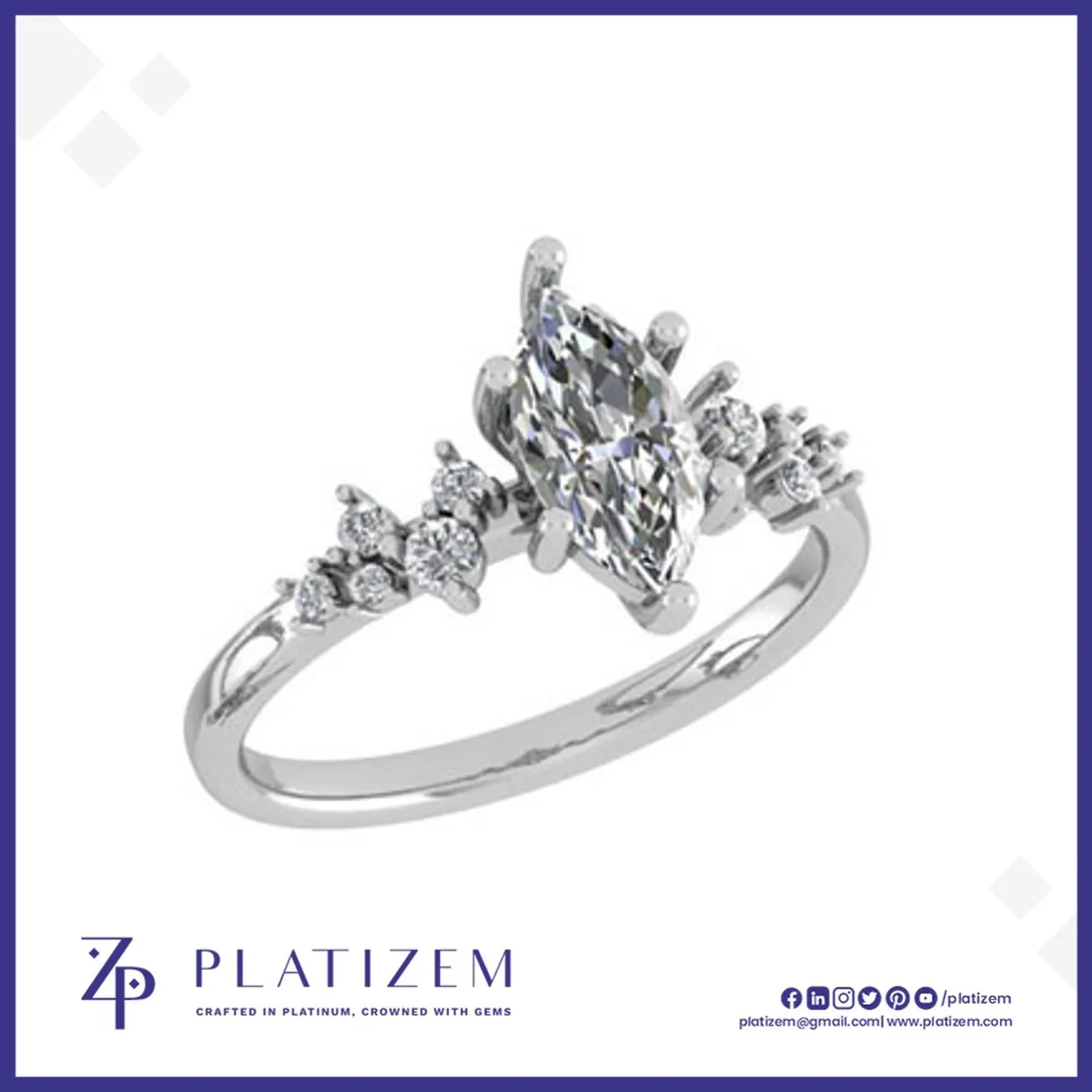 Marquise Diamond Ring with a Graduated Cluster of Round Diamonds