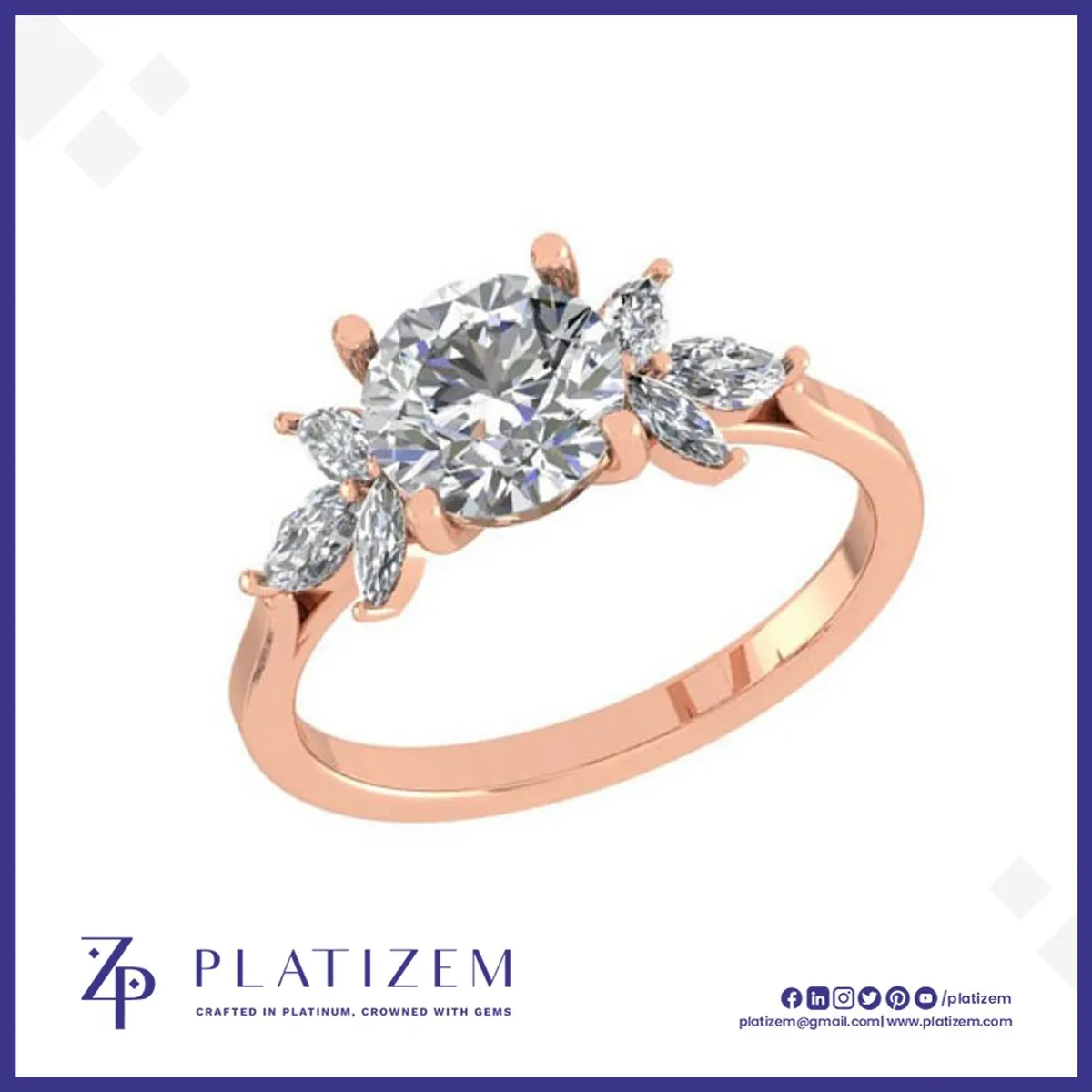 Round Diamond Cluster Engagement Ring with Marquise Accents