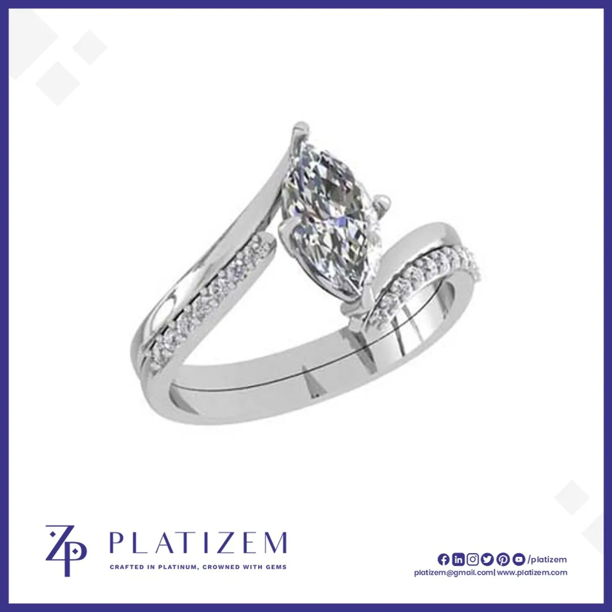 Marquise Diamond Ring on a Bypass Band Lined with Round Diamonds