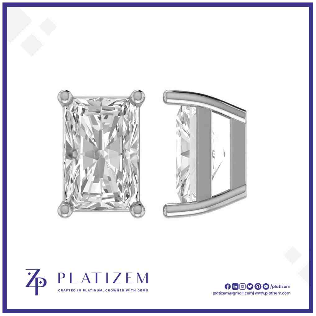 Platinum Emerald Cut Diamond Stud Earrings with Four Prong Setting