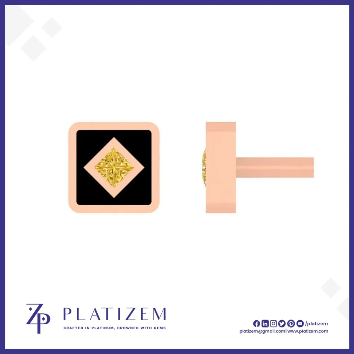 Citrine Princess Cut Onyx Frame Stud Earring for Women