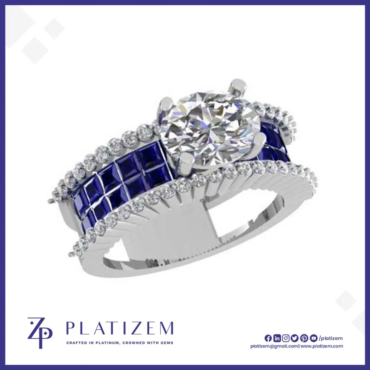 Round Solitaire Ring with Blue Channel Sides