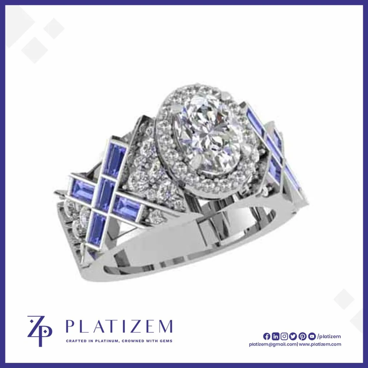 Oval Halo Ring with Blue Baguette X Pattern