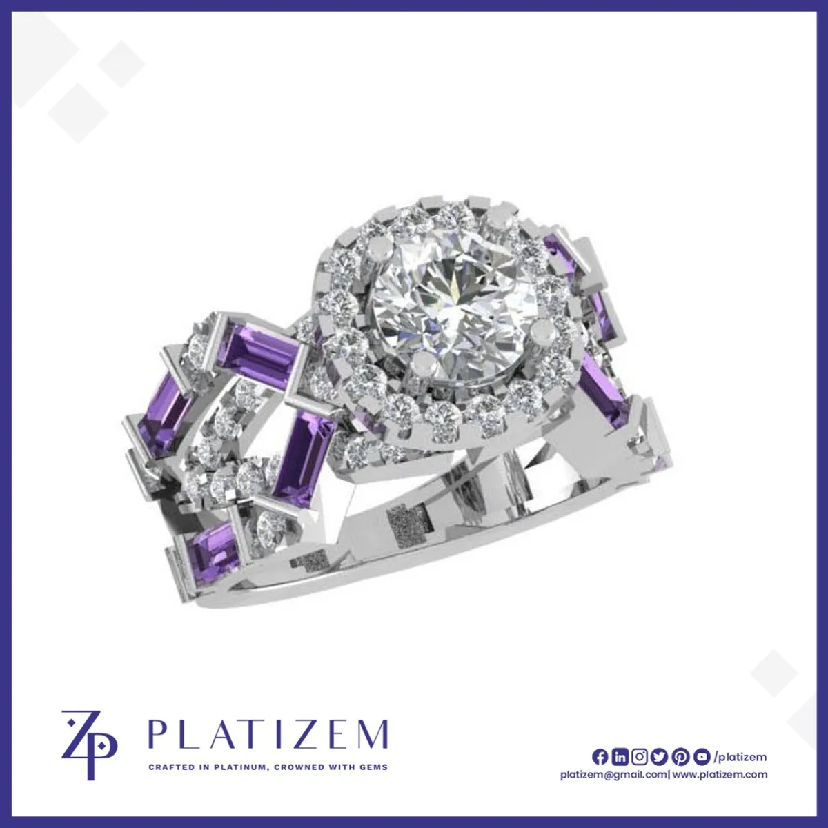 Round Halo Ring with Purple Baguette Accents