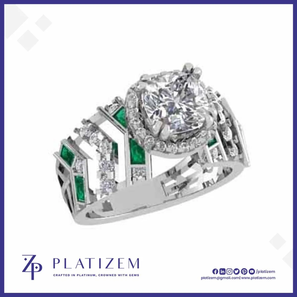 Cushion Halo Ring with Green Baguette Accents